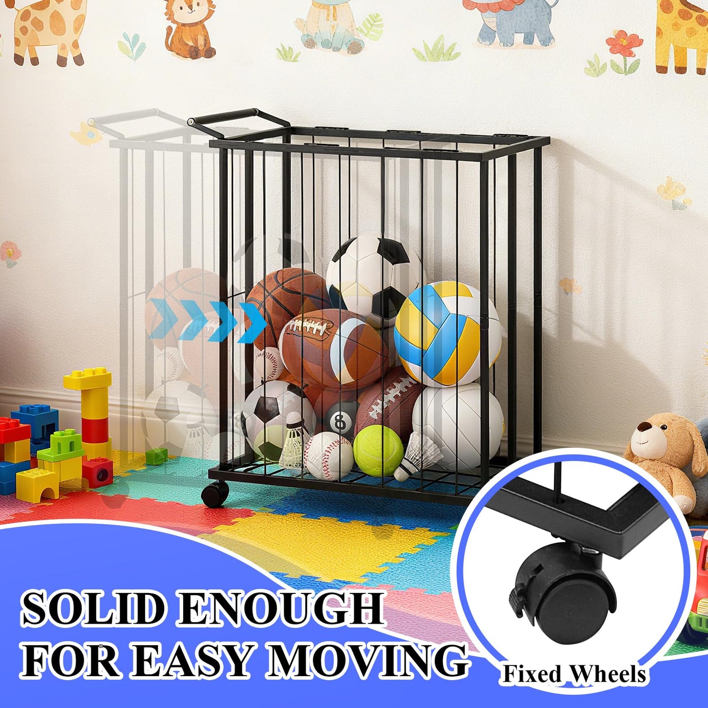 URMMIY Large Garage Ball Storage Rack with Wheels–Rolling Sports Equipment Organizer Freestanding Ball Holder for Basketball Soccer Volleyball Football–Sports Ball Storage for Garage Gym School Home