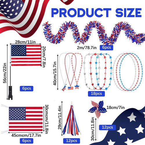 Liliful 60 Pcs 4th of July Bike Decoration Kits Parade Patriotic Decor Bike Streamers Bicycle Ribbon Tassels American Flag with Pole Blue Pinwheels Decoration for Bicycle Parade Party Favors