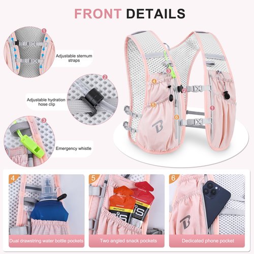 BECOJADDE Running Vest Hydration Backpack for Men Women, 5L Lightweight Running Backpack Hydration Pack for Marathon, Trail, Cycling, Hiking, Jogging Pink