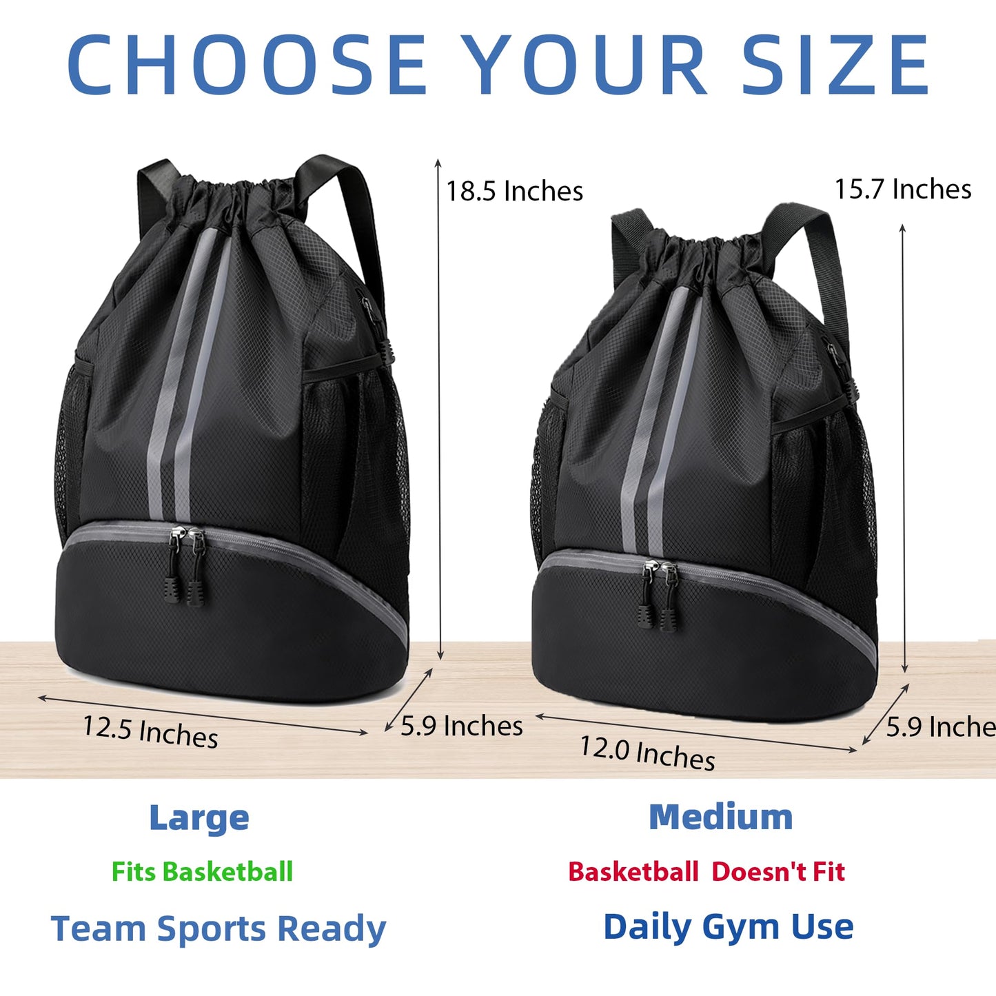 JELUTAR Drawstring Backpack Gym Bag with Shoes Compartment for Soccer, Basketball, Swim