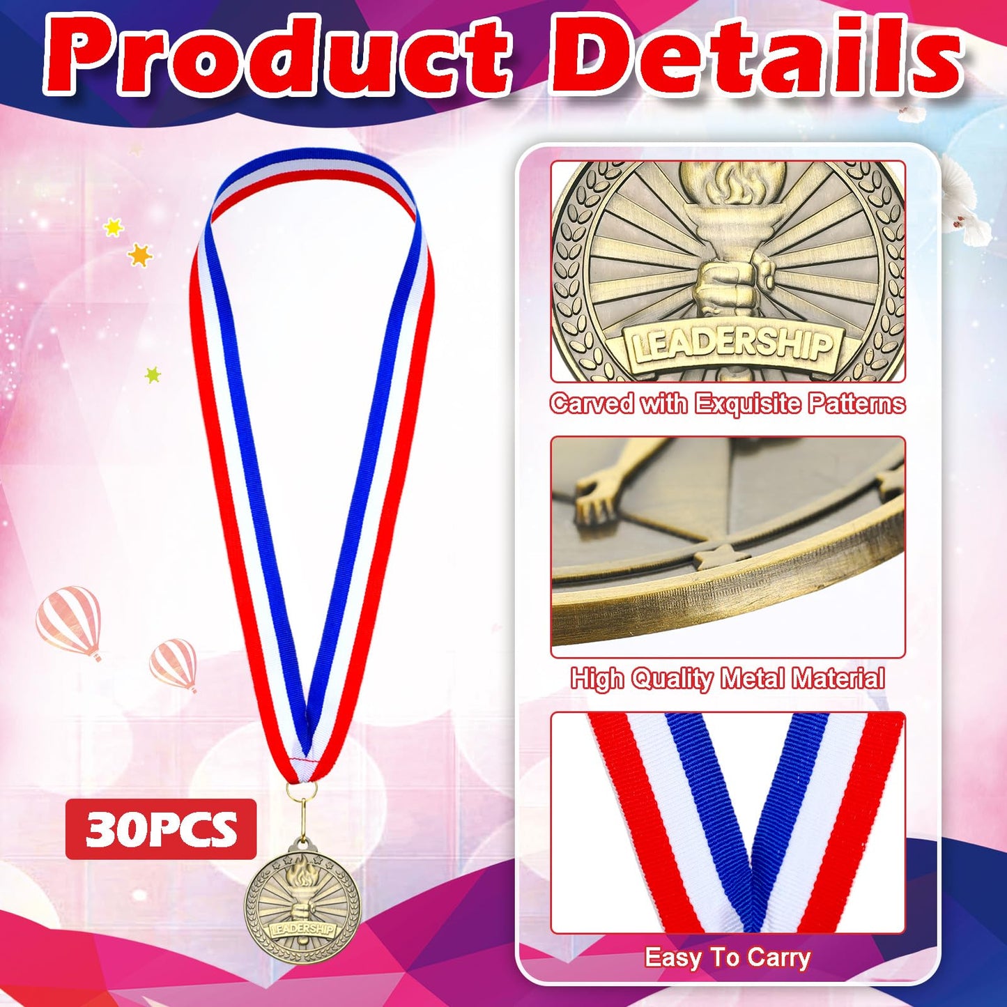 Quelay 30 Pcs 2'' Award Medals Bulk Gold Winner Medals with Neck Ribbons Metal Trophy Award Prize Gift for Tournaments, Competitions, Party, Kids and Adults(Leadership)