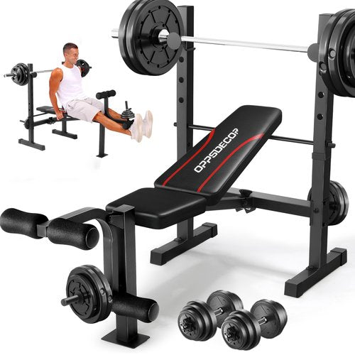 OPPSDECOR Multi-Function Weight Bench Set with Squat Rack Leg Extension & Leg Curl Adjustable Workout Bench for Full Body Fitness Foldable Flat/Incline/Decline Upgrade Bench Press for Home Gym
