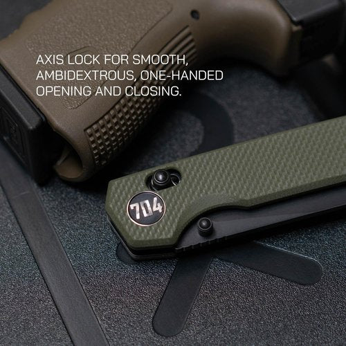704 Gear Harbor Master EDC Folding Pocket Knife with Crossbar Lock | 3" Leaf Blade, D2 Steel, G10 Handle, Reversible Pocket Clip | Olive Drab Green