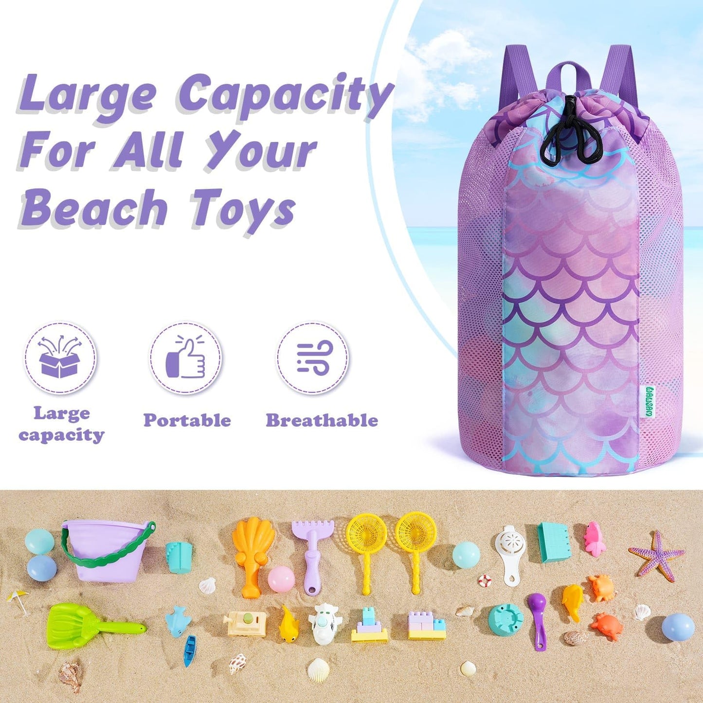 WAWSAM Mermaid Large Mesh Beach Bag for Kids, Drawstring Beach Backpack for Girls, Tote Mesh Beach Toys Bag, Swim Pool Toys Balls Storage Bags Gym Bag, Beach Toy Shells Organizer