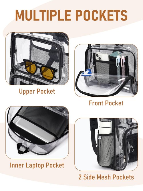 Flowston Clear Backpack Heavy Duty, 17 Inch Large TPU Clear Bookbag for Women Men Boys Girls, See Through Book Bag Transparent Backpack With All-Around Reflective Strips for College Work Travel,Black