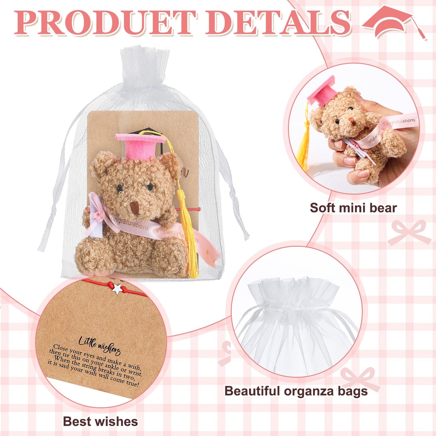 Motionchic 50 Pcs 2026 Kindergarten Graduation Bear Bulk Set with 25 Graduation Gift Mini Stuffed Bears 25 Wish Bracelet Organza Bag Card for Kid Child Kindergarten Class of 2026 Party Favors(Pink)