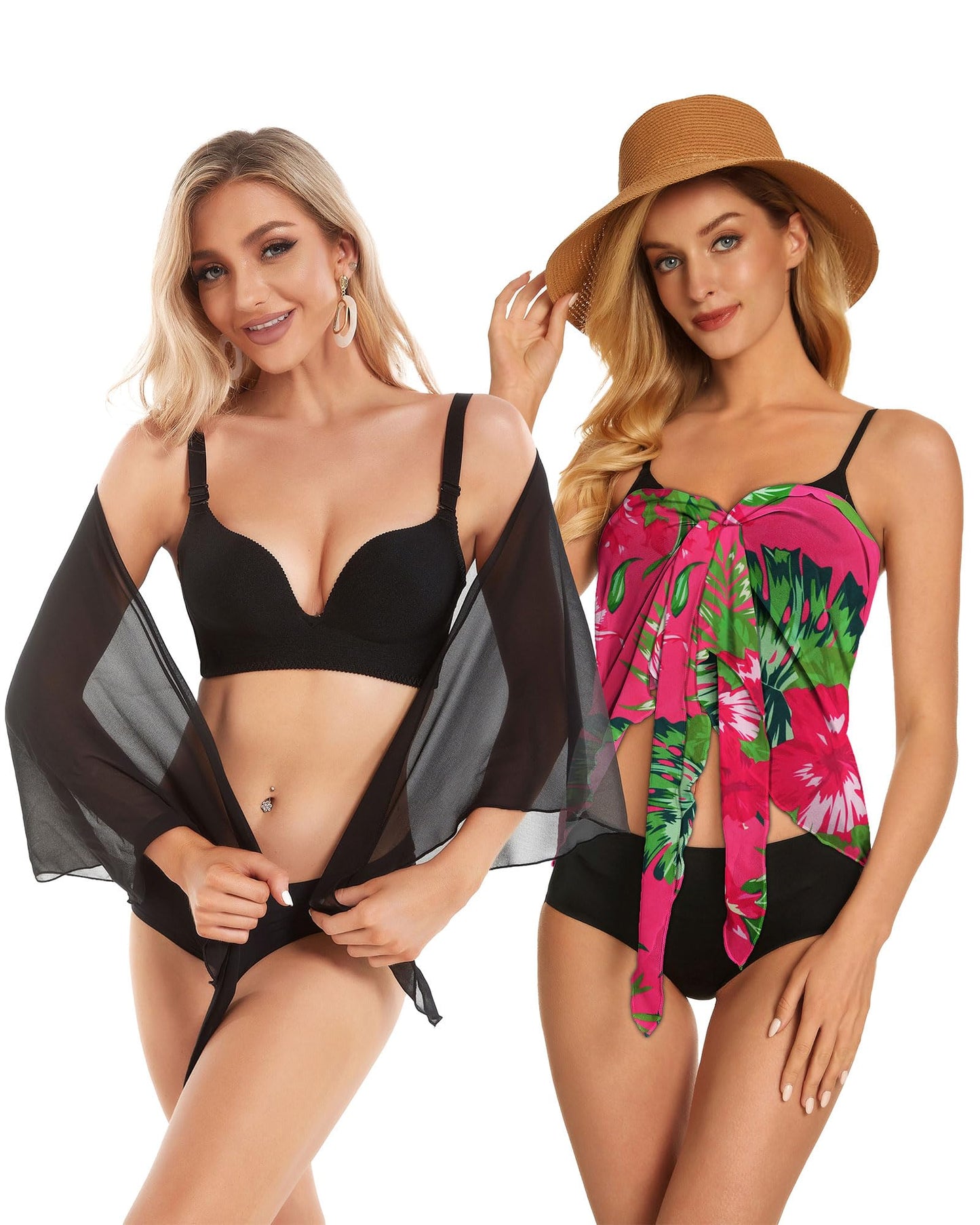 2 Pieces Sarong Cover Ups for Women Beach Bathing Suit Wrap Sheer Short Skirt Bikini Chiffon Scarf for Swimwear (Black, Rose Red Leaves)