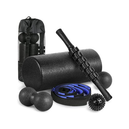 6-Piece Foam Roller Massage Set – Deep Tissue Muscle Recovery Kit with Massage Stick, Massage Balls & Stretch Strap – Includes Carry Bag – Black/Blue