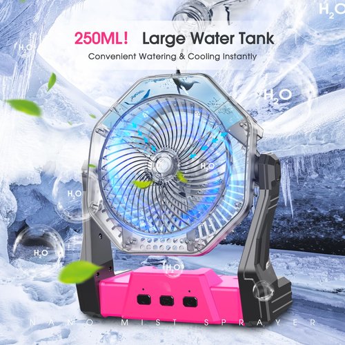 Ausic Portable Misting Fans, Pink Outdoor Cooling Fan for Patios, [Max 35H Runtime] 8 Inch Battery Operated Rechargeable Fans, Water Spray Fan with LED Light for Pets/Travel Beach Camping Essential