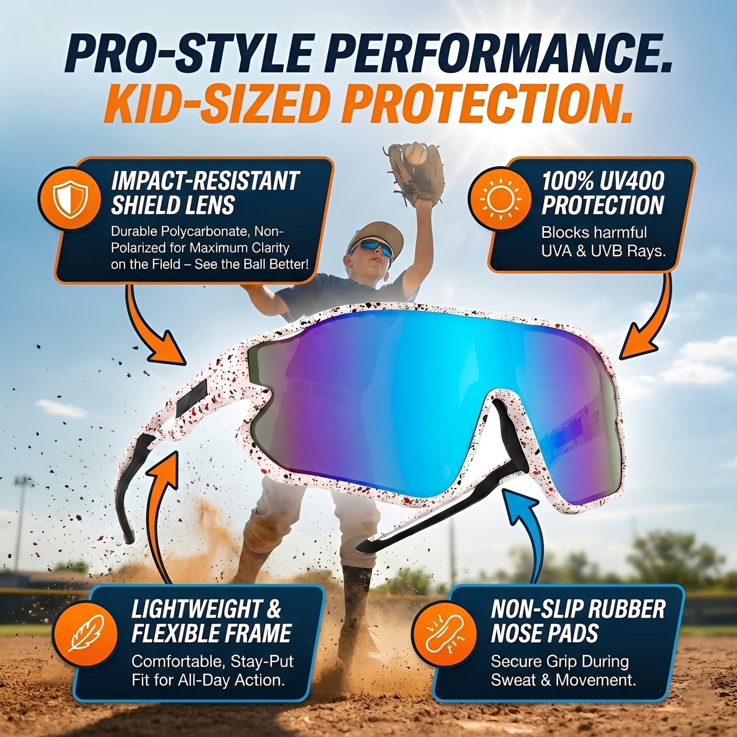 GLARDEFE Kids Baseball Sunglasses - Youth Baseball Sunglasses for Boys Girls - Sports Softball Shades Age 6-14(White/Blue Mirror + Black/Silver Mirror)