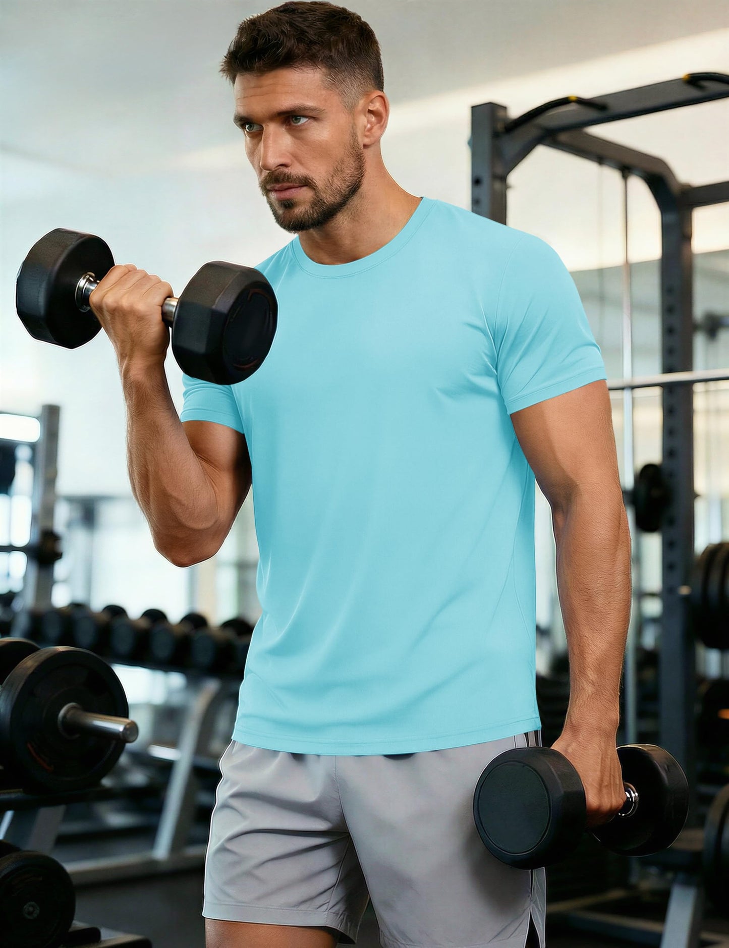 Mens Short Sleeve Sun Shirts T-Shirts UV Protection Gym Shirts Dry Fit Outdoor Shirts Men Breathable Shirts Casual Lake Blue