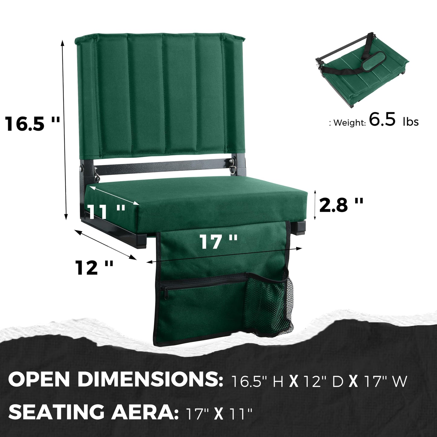 SPORT BEATS Stadium Seats with Back Support Bleacher Chairs with Back and Cushion Thick Padded Bleacher Seats Includes Shoulder Strap Huntergreen 1pc Standard