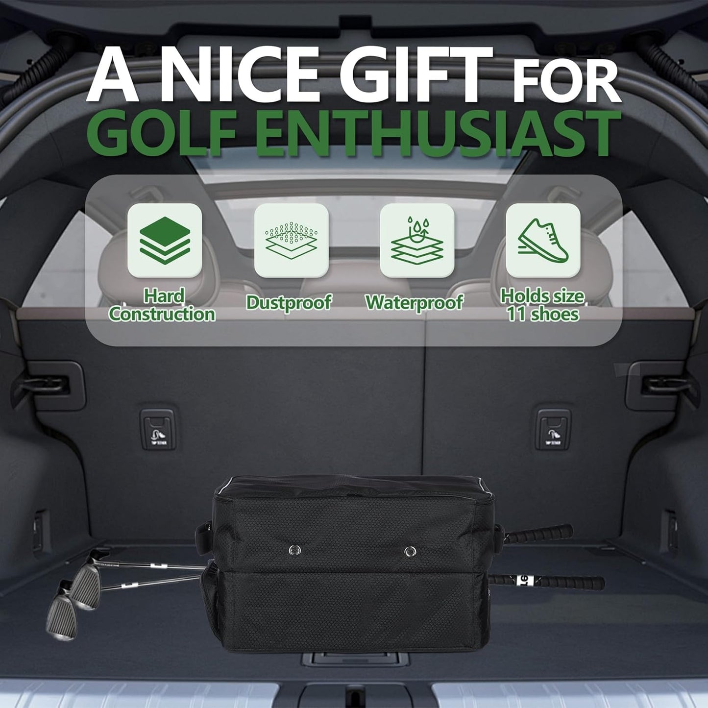 3 Layer Golf Trunk Organizer for 2 Pair Size 13 Shoes, Large Capacity, Gifts for Men with Waterproof Separate Ventilated Storage for Accessories, Balls, Tees, Clothes, Gloves (Black)