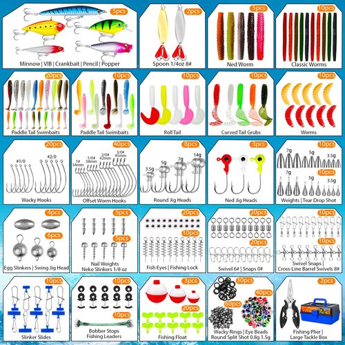 Japior Large 3 Layers Tackle Box with Tackle Included - 471 Pcs Fishing Gear Accessories Kit Contains Minnow,VIB,Crankbaits,Hooks, Weights,Other Accessories Fishing Gifts for Men and Adults