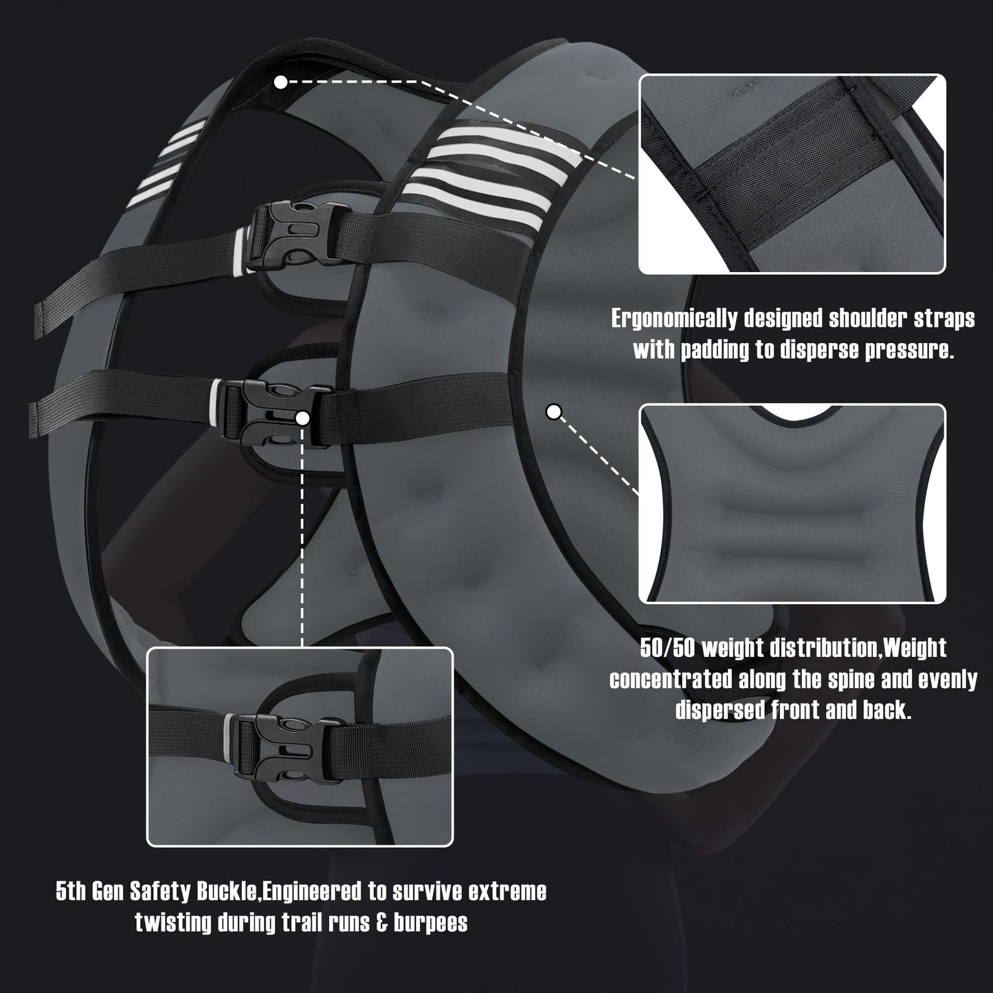 NATURELUX Weighted Vest with Reflective Stripe and Adjustable Buckle Straps, Dark Grey, 30 lbs