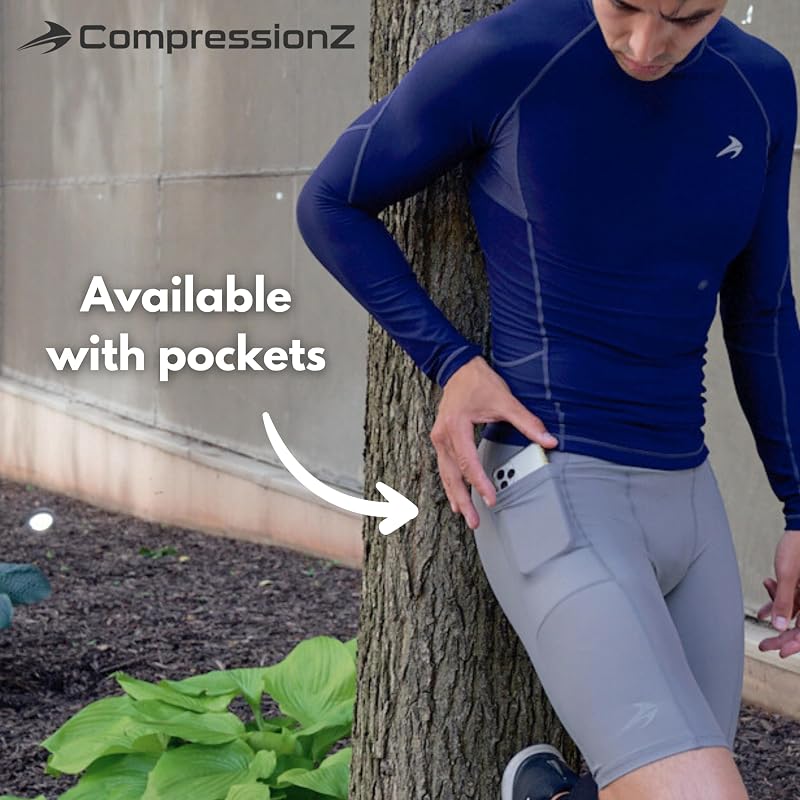 Men's Compression Shorts 9" 4-Way Stretch Baselayer - Black, No Pockets, 9" Inseam