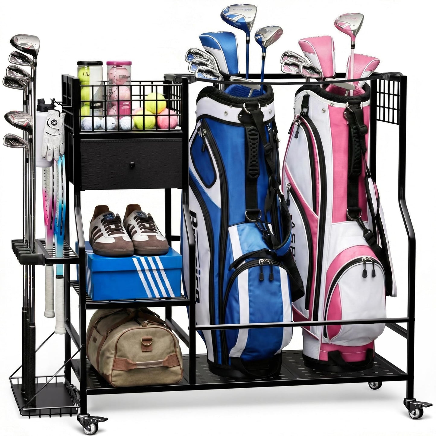 Faesun Golf Bag Organizer for Garage, Golf Bag Storage Rack with 6 Club Slots, Golf Club Organizer with Fabric Drawer & Wheels, Golf Storage Organizer Holds 2 Bags, Golf Rack Storage System