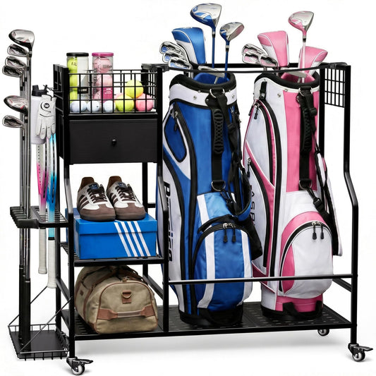Faesun Golf Bag Organizer for Garage, Golf Bag Storage Rack with 6 Club Slots, Golf Club Organizer with Fabric Drawer & Wheels, Golf Storage Organizer Holds 2 Bags, Golf Rack Storage System