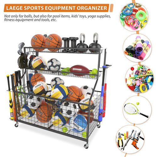 Gadroad Sports Equipment Organizer, Ball Rack, Gear & Ball Storage - Garage Organizer with Baskets, Hooks & Rolling Cart - Black
