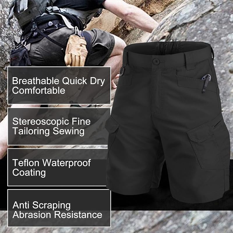 Mens Work Shorts Cargo Tactical Outdoor Short - Quick Dry, 8-Pocket, Black+36