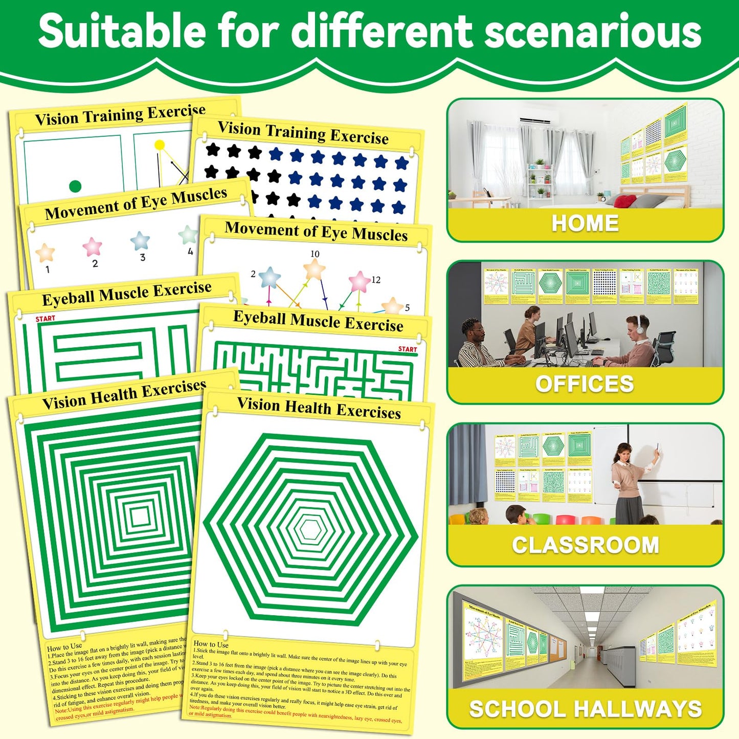 8 Pack Eye Exercise Chart- Visual Muscle Relaxation Chart Eye Fatigue Relief Eye Training Posters Eyes Strain Vision Therapy 3D Visual Stimulation Wall Art for Home School Classroom Office Desk Signs