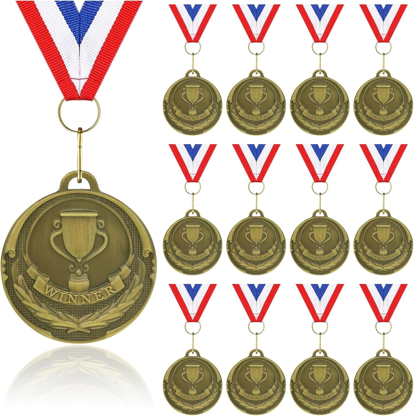 12 Pieces Gold Medals for Awards - Winner Medal Metal with Neck Ribbon Prizes for Kids, Adults, Sports Day, Spelling Bees, Competitions, Party, 2 Inches