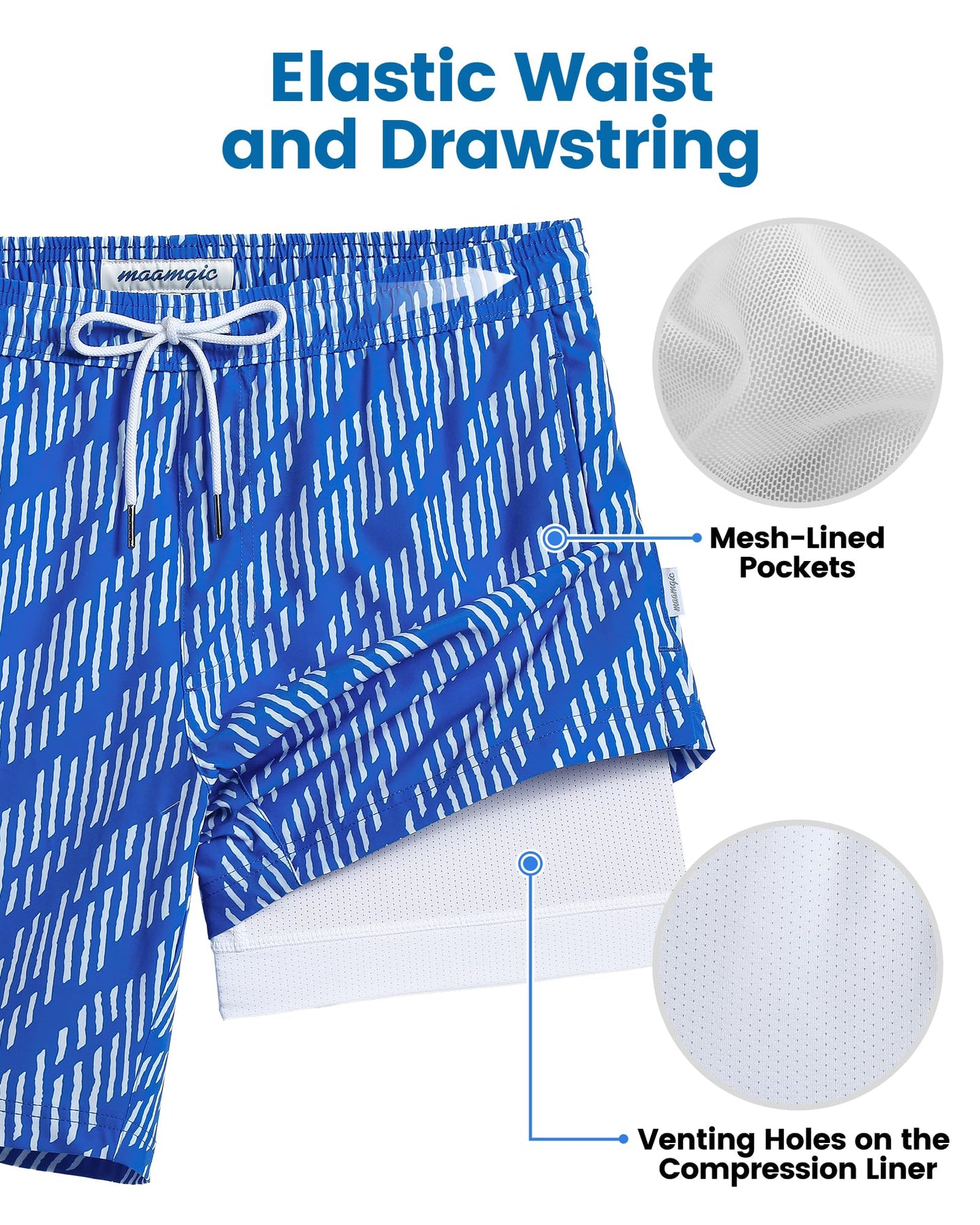 maamgic Mens Swim Trunks with Compression Liner 7 Inch Inseam Mens Bathing Suit Quick Dry Swimming Trunks Swimsuit Geometric Stripes Blue and White Medium