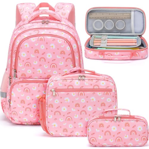 Fimibuke Kids Backpack for School Girls, 3PCS Waterproof Toddler School Bag Cute Bookbag Set with Lunch Box & Pencil Case for Preschool Kindergarten Elementary Back to School Student Ages 3-12, Daisy