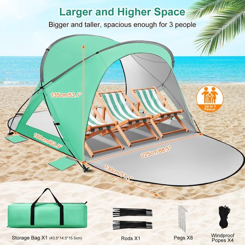 Beach Tent Sun Shelter 2-4 Person Easy Setup Canopy with UPF50+ UV Protection with 2 Zipper Doors（GN