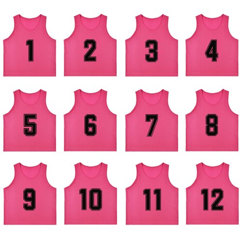 RE-HUO Set of 12 Numbered (1-12) Soccer Vests/Sport Pinnies/Training Bibs with Free Carry Bag(Pink1-12,L)