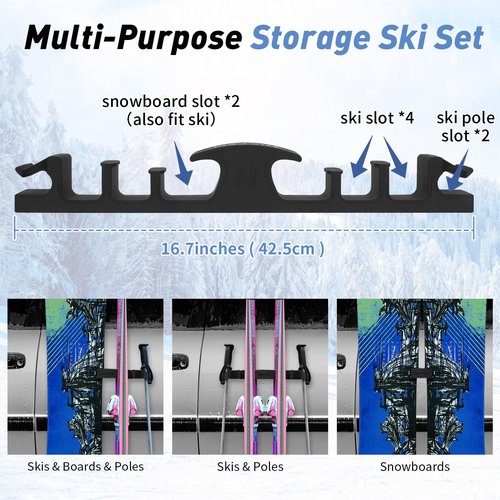 Hikeen Magnetic Ski Snowboard Vehicle Mount,Holders to Prevent Ski Snowboard and Ski Pole from Tipping Over | Vehicle Paint Protection | Holds Up to 4 Pairs Skis or 2 Snowboards,2 Ski Poles