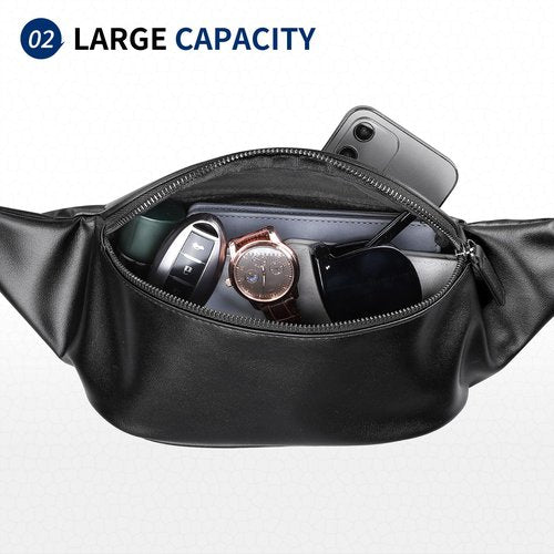 SUIKIHUM Soft Leather Fanny Pack for Women & Men, Crossbody Waist Pack with Adjustable Strap, Large Pocket, Sturdy Zippers, for Travel, Hiking, Running, Black