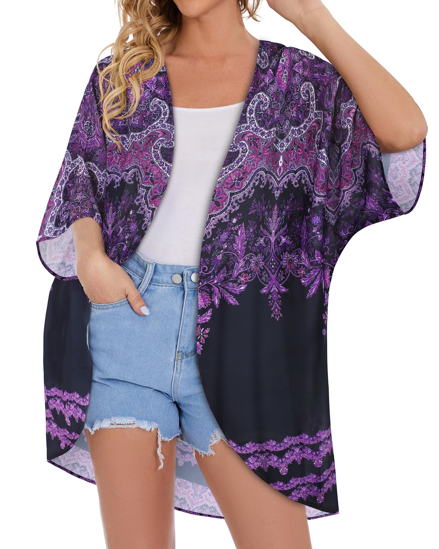 Women's Floral Kimono Print Puff Sleeve Loose Cardigan Cover Up Casual Blouse Summer Tops (Black Purple Boho, 3XL)