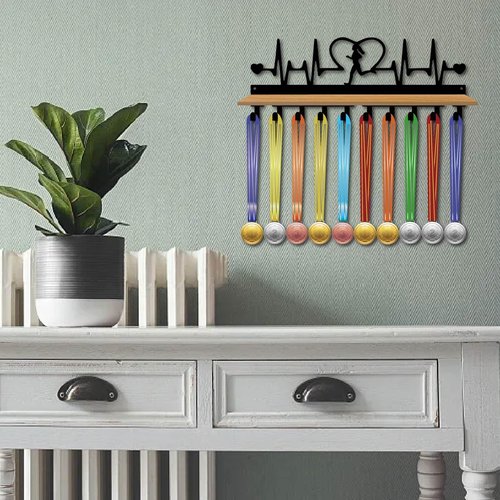 CREATCABIN Run Medal Trophy Display Shelf Heart Medal Hanger Display Shelf with Density Board Tray Wall Mount Hold 70+Medals Holder Hanger Metal Medal Organizer Rack for Running Awards 15.7x6x3.5Inch