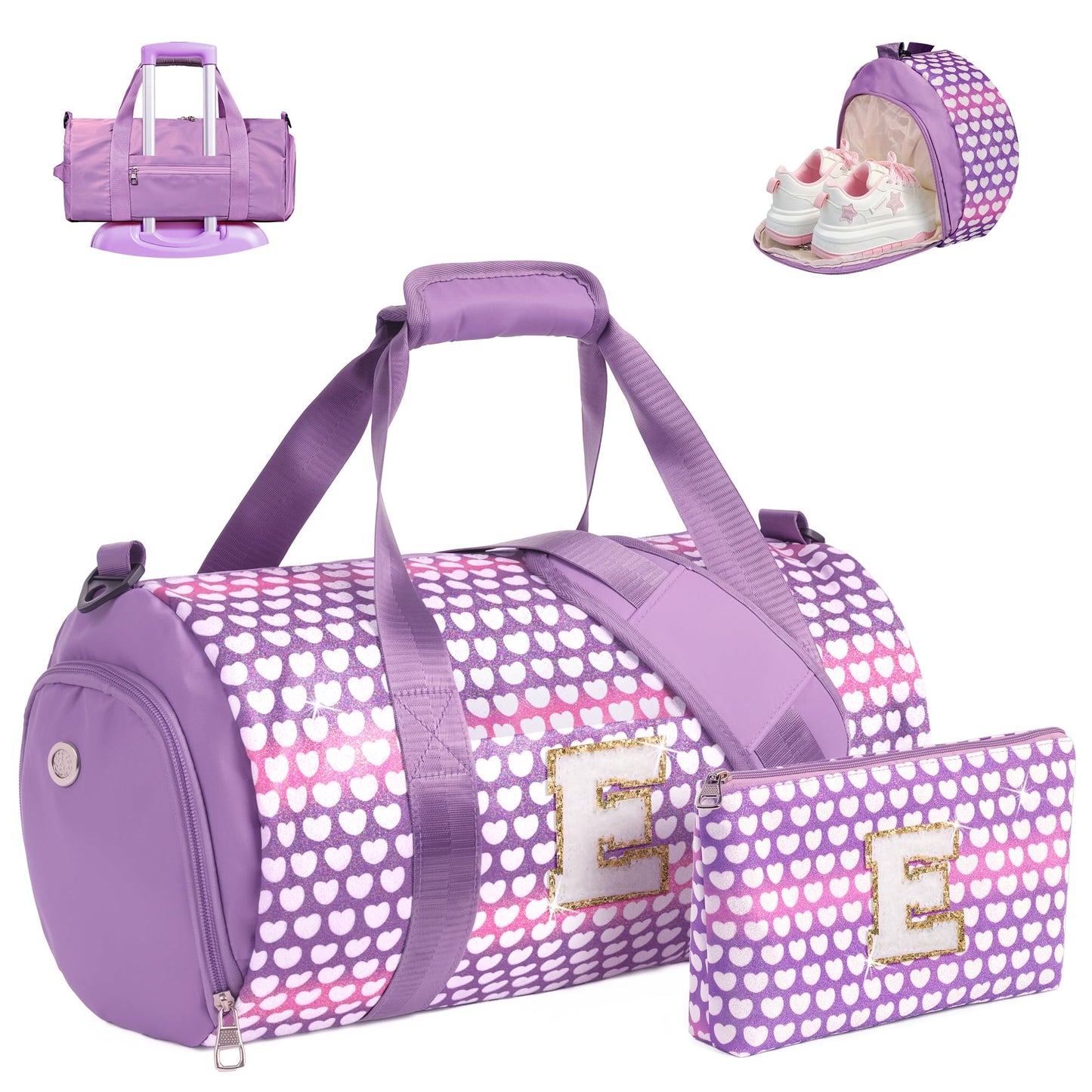 Vogewood Customed Birthday Gifts, Girls Travel Duffle Bag with Makeup Pouch, Initial Kids Overnight Bag with Shoe Compartment, Personalized Ballet Dance Bag for Grandkids (Letter E)
