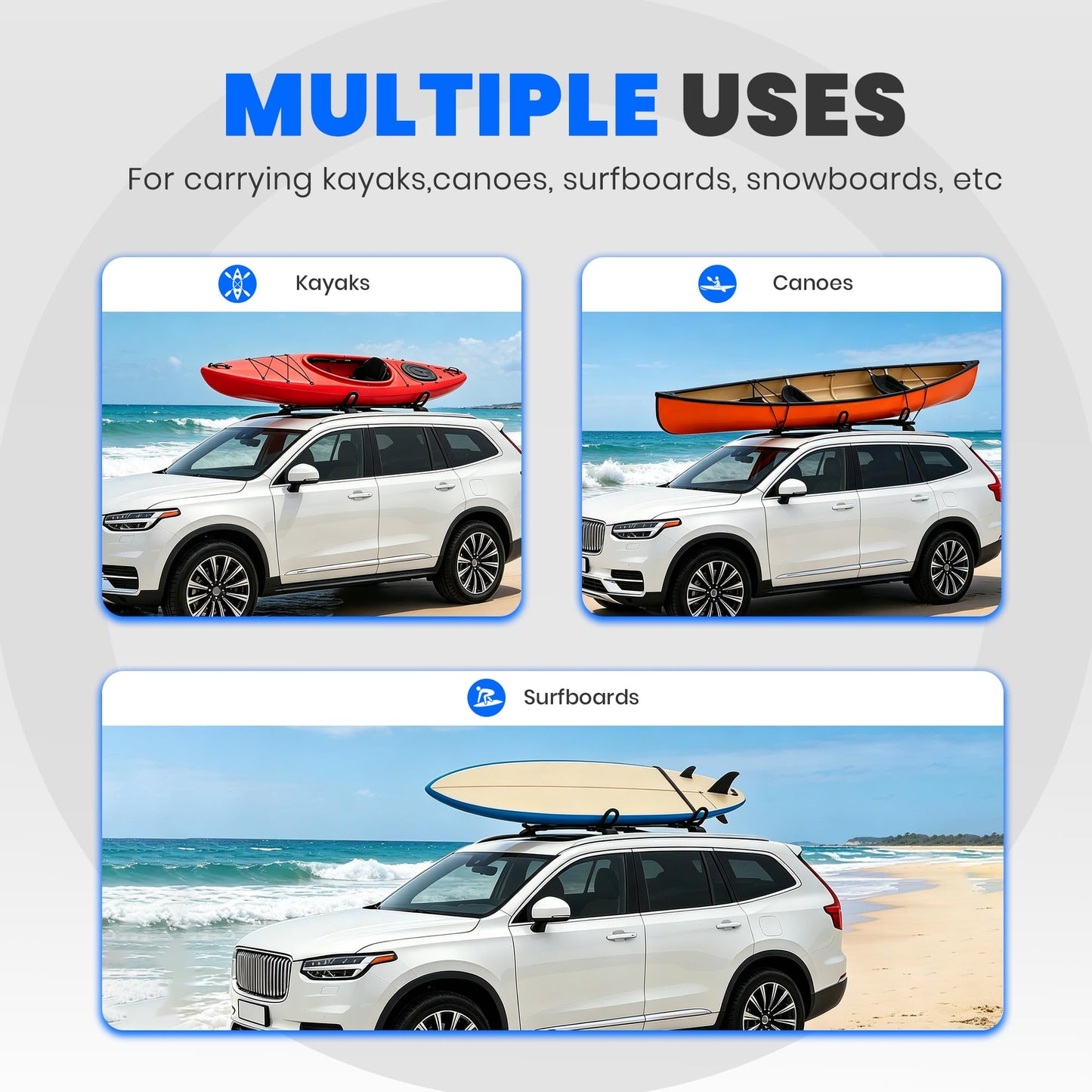 HECASA Universal J-Bar Rack Kayak Roof Rack Top Mount Crossbar Carrier Canoe SUP Surfboard Ski Board Top Mount Crossbar Car SUV Truck 2 Pair