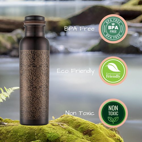Pure Copper Water Bottle - Indian Handmade Ayurveda Healing Benefit Water Bottle for Drinking, Travel, Hiking, Gym, Office, Outdoor - Antique Finish - 950 ML
