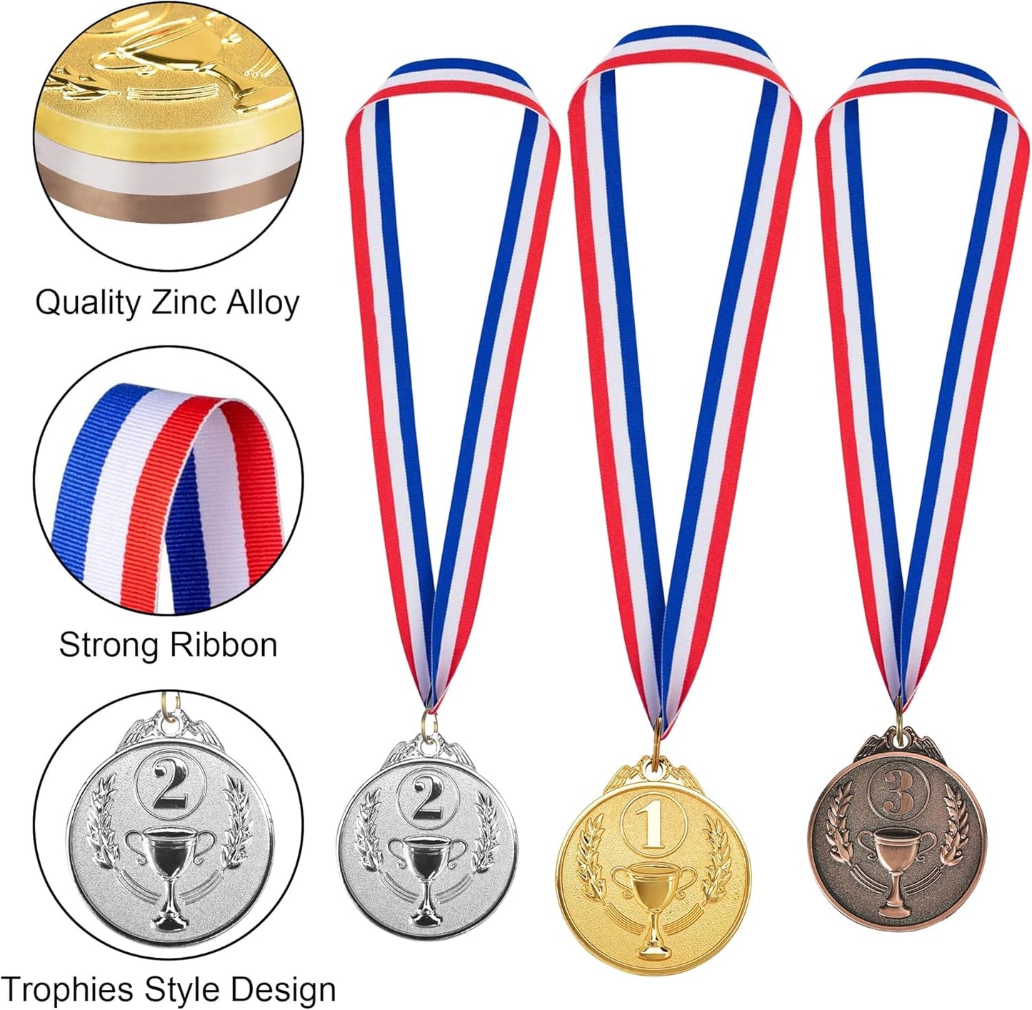 12 Pieces Gold Silver Bronze Award Medals, 1st 2nd 3rd Award Medals Metal Winner Medals with Neck Ribbon for Sports, Competitions, Olympic Style, 2 Inches
