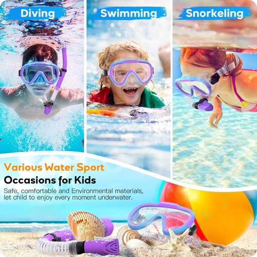 Seovediary Kids Snorkel Set, Anti-Fog Panoramic Tempered Glass Kids Snorkel mask, Anti-Leak Scuba Diving Mask with Mesh Bag, Dry Top Snorkeling Gear for Kids and Youth Age 4-16