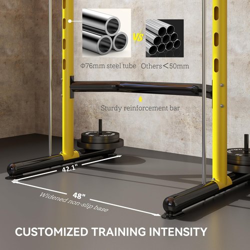 Soozier Squat Rack with Pull-Up Bar, Adjustable Power Rack with Barbell Bar, Multi-Functional Bench Press Rack for Home Gym Strength Training, Yellow