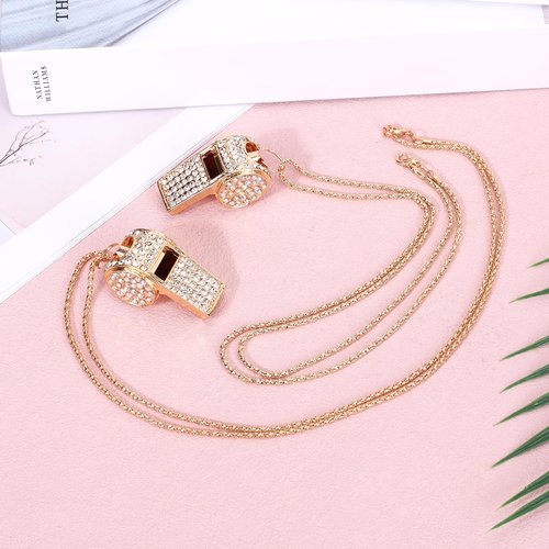 Tinoaly 2pcs Bling Whistle Crystal Rhinestone Necklace, Metal Golden Bling Loud Crisp Sound Whistle with Chain Lanyard for Referee Coach Teacher Sports Training