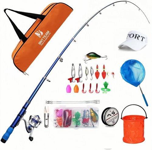 BNTTEAM Mini Spinning Reel & Rod Combos with Telescopic Fishing Rod Reel Lures Fishing Line Set Fishing Combos for Kids/Beginners (Orange Set, 1.2M/47in/3.9ft)