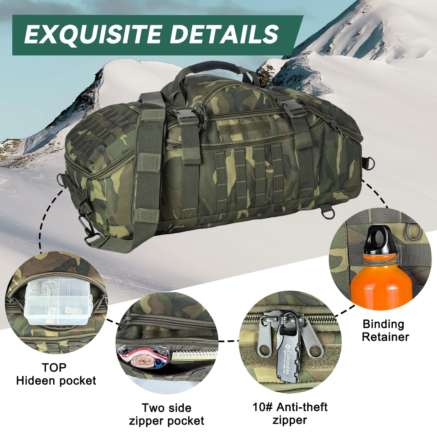 Hannibal Tactical 65L Large Duffle Bag, 3-in-1 Tactical Backpack MOLLE Pack for Sports, Gym, Outdoor, Woodland
