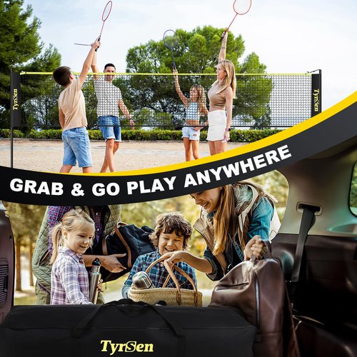 TYRSEN Portable Pickleball Badminton Net Set, 17FT Adjustable Heights All-in-One Net w/4 Pickleball Paddles 4 Badminton Rackets, Freestanding Net for Backyard Family Sports