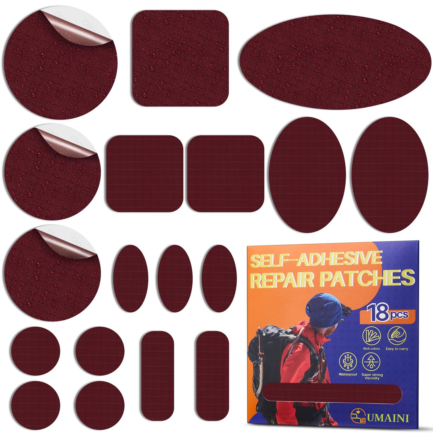 Down Jacket Repair Patch Kit, Outdoor Gear Tenacious Repair Tape, Self Adhesive Fabric Patches for Clothes, Waterproof Ripstop Nylon fabric Patch for Puffer Jacket, Coat, Tent (18 Pcs, Burgundy)