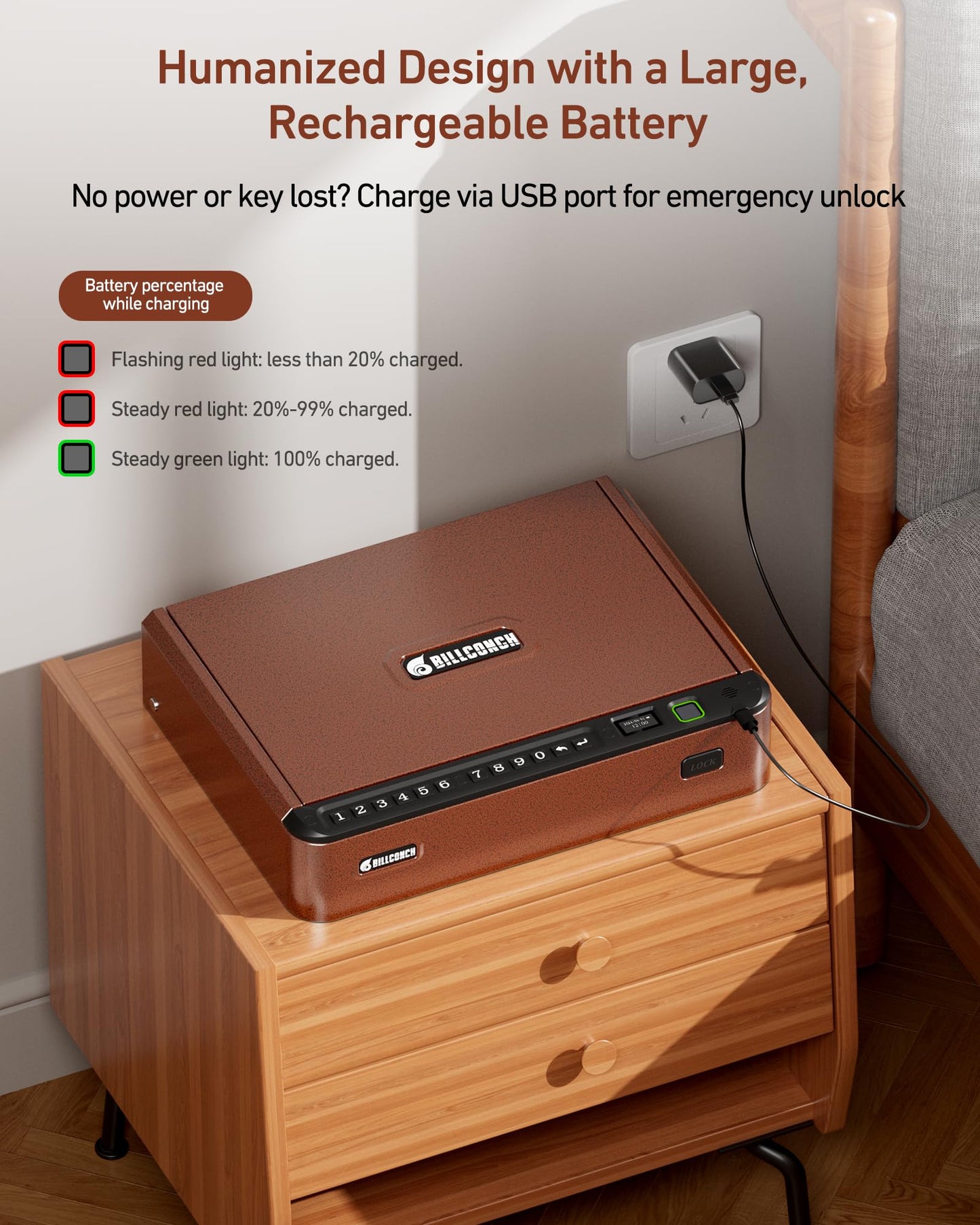 BILLCONCH Smart Gun Safe with Security Cable - Biometric Gun Safe for Handgun 4 Ways Quick Access with Fingerprint/Keypad/Key/APP Lock for Bedside Home Car with LCD/Voice Guide - Brown