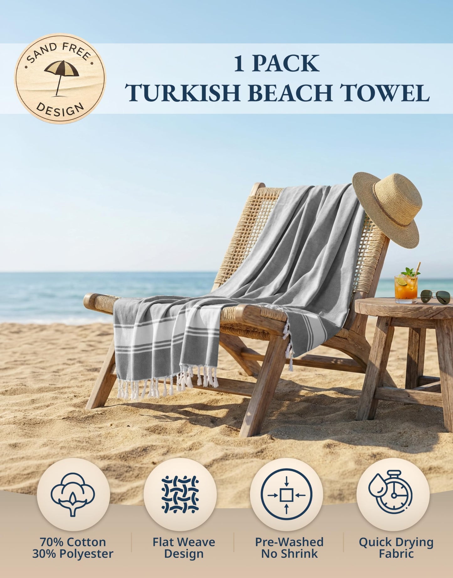 LANE LINEN Large Pool Towels, XL Beach Towel, Pre-Washed, No Shrink, Quick Dry Oversized Beach Towels, Stylish Beach Towel for Women, Sand Free Towel, 39"x71" - Grey