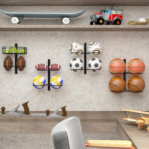 8 Tier Detachable Wall Mounted Basketball Rack,Vertical/Horizontal Football Holder,Holds 14 Balls DIY1/2/3/4 Soccer Stand,Height-Adjustable Ball Rack with Basket for Garage,Tool Room