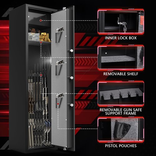 Marcree 10-12 Rifle Safe,Gun Safe for Rifles and Pistols with Fingerprints, Keys and Password, All Metal Gun Cabinet for Home, Gun Safe Biometric with Led Lights, No Assembly Required,Quick Access