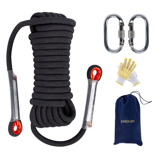 EMEKIAN 10 mm Black Indoor Outdoor Climbing Rope, 10 M (32 ft) Static Rock Climbing Rope for Escape Rope, Ice Climbing Equipment, Fire Safety Rescue Rope, with Non Slip Gloves